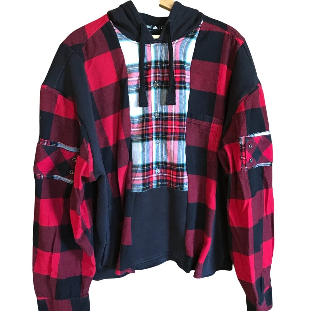 Upcycled Patchwork Hoodie, Boho Grunge Black & Red Flannel Sweatshirt Sz XL - 1X
